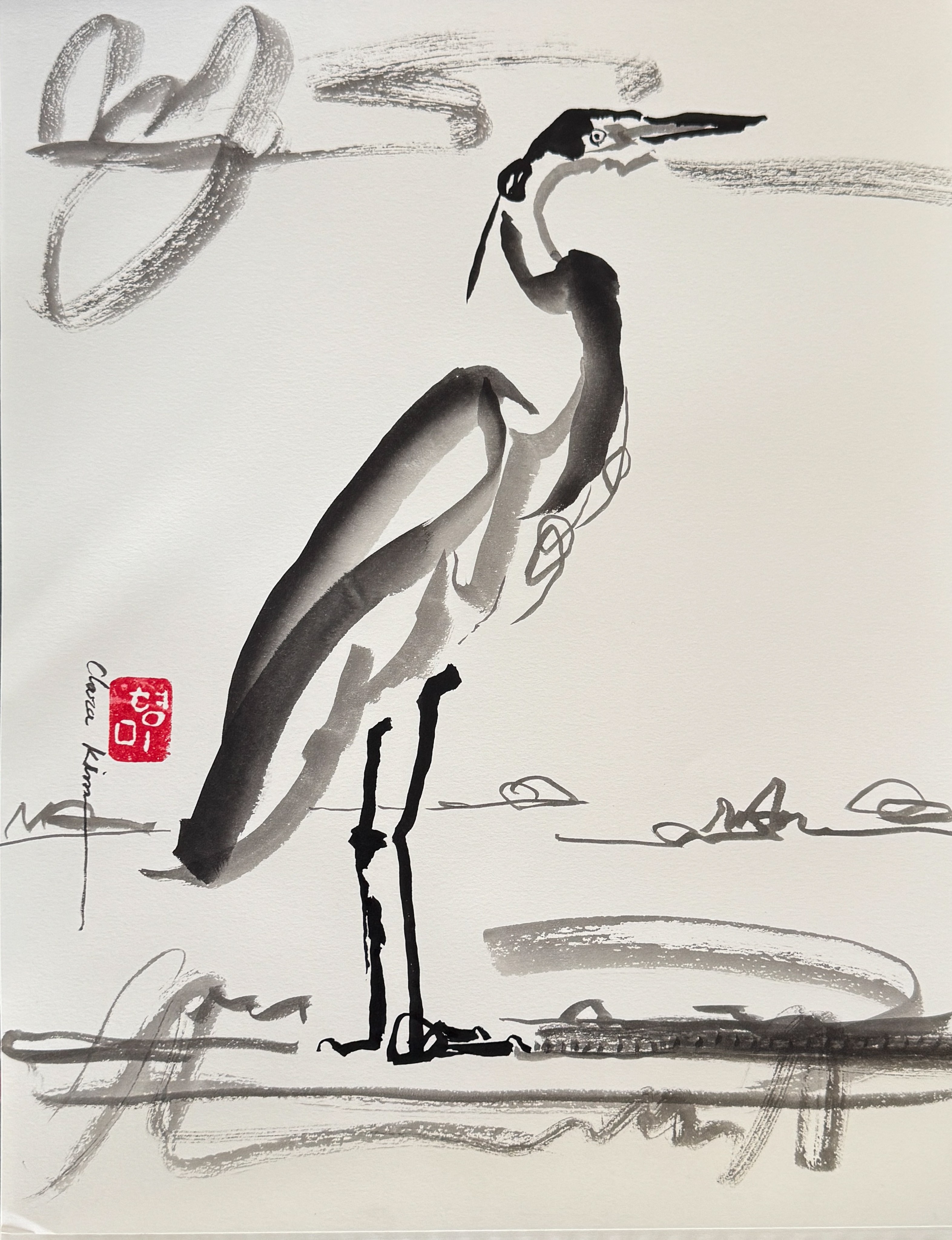 Sketch of a heron on art paper